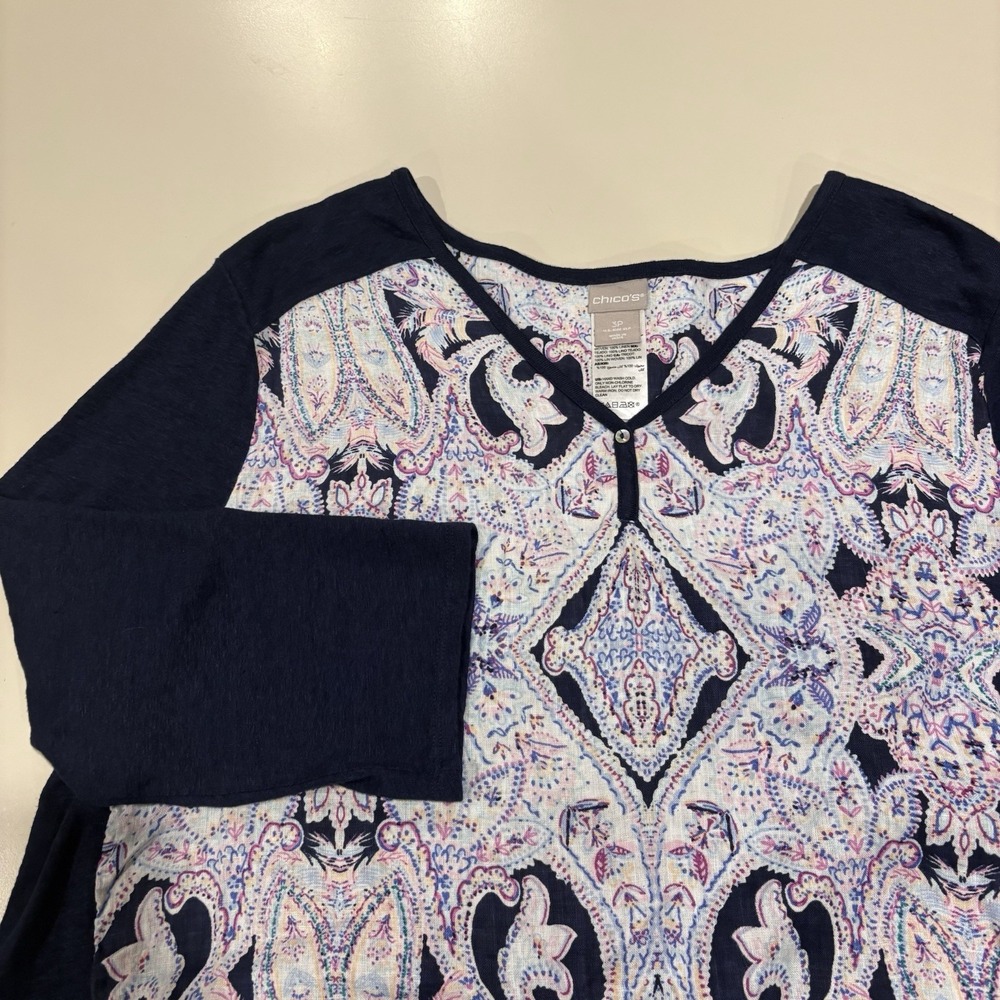 Chico's Paisley Knit Linen Hi-Low Top Tunic Dark Blue 3/4 Sleeve Women's Size 3P - Picture 3 of 6